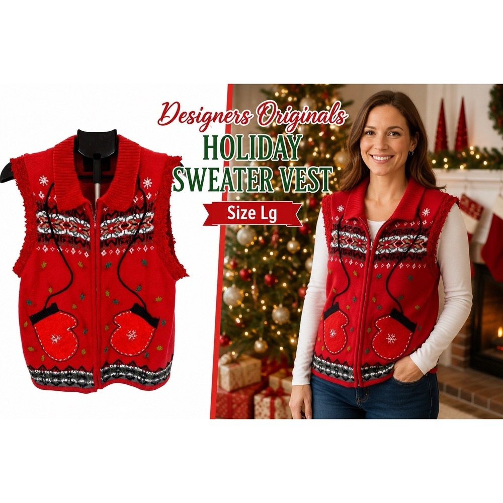 Designers Originals Studio Joy Christmas Sweater Vest Sz L Zip Front Ugly XMAS